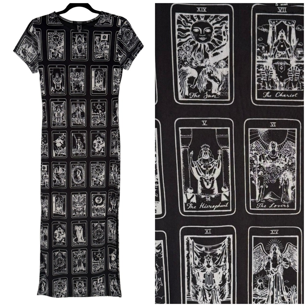 Tarot Card Maxi Dress Mesh Short Sleeve Stretch Black Medium Witchy Spiritual